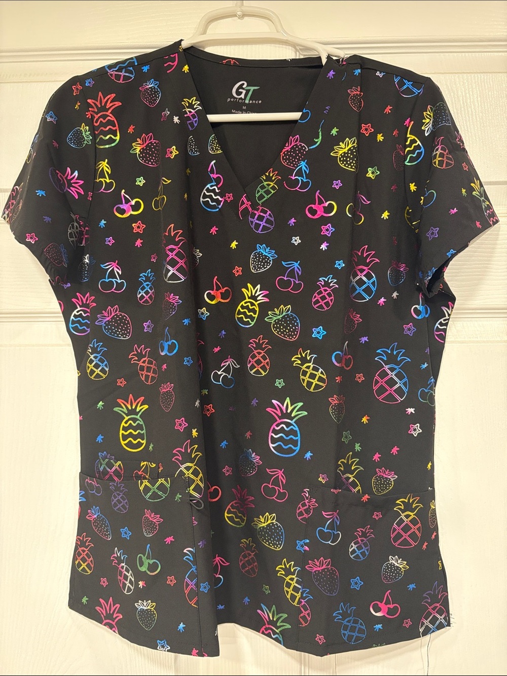 GT by Cherokee Black Neon Fruit V-Neck Scrub Top